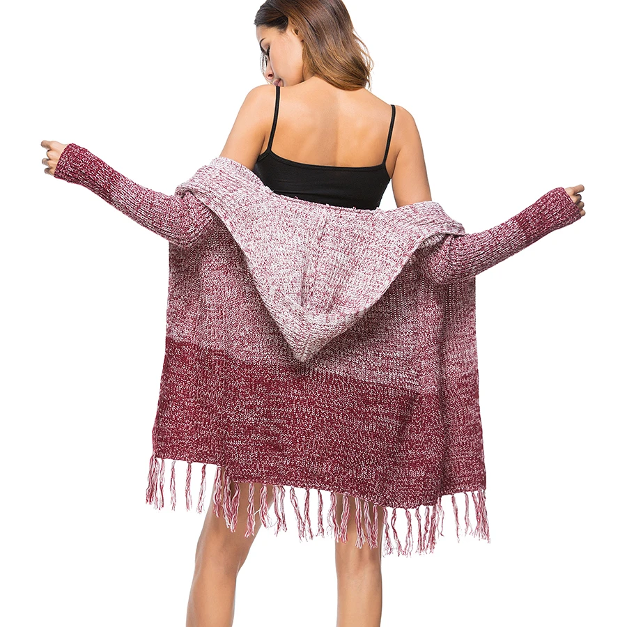 Women Cardigans Fincati 2018 Fashion Hooded Tassel Hem Knitted Open Stitch Gradient Color S-XL Oversize Sweater Coat |