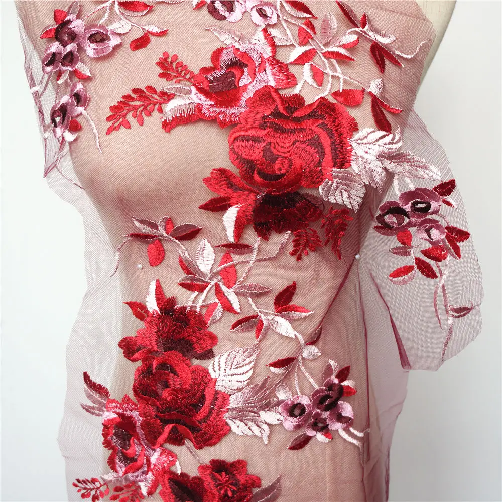 Красные цветы с вышивкой ветка ткань для аппликации свадебное платье кружевная