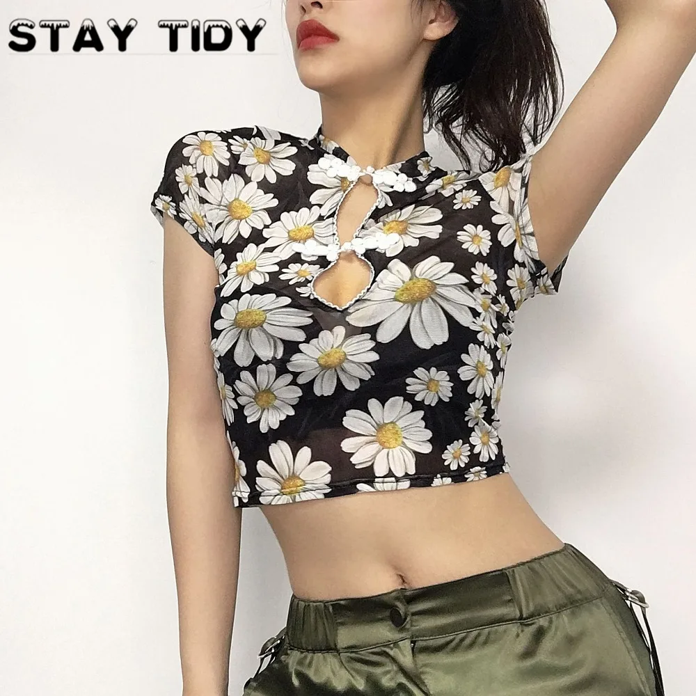 STAY TIDY модная сетчатая прозрачная рубашка с полосатым принтом на одно плечо для