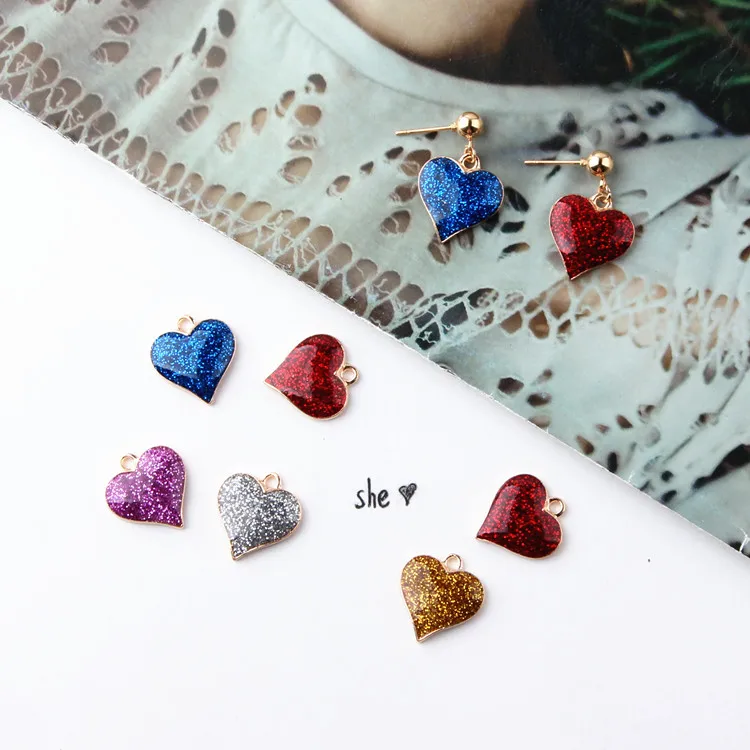 

Personality Simple Glitter Pink Heart Drop Earrings Hanging Ornaments DIY Jewelry Accessories Alloy Drop Oil Material 6pcs