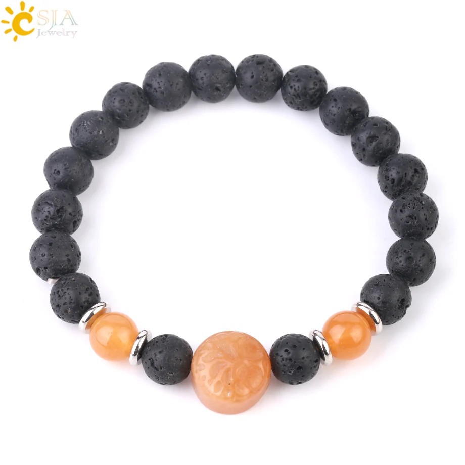 Orange Jade Csja натуральная Лава браслет с гравировкой Дерево жизни большая бусина Фиолетовый Кристалл Lapis розовый кварц эластичные браслеты для мужчин женщин G005 - Окраска металла: Orange Jade