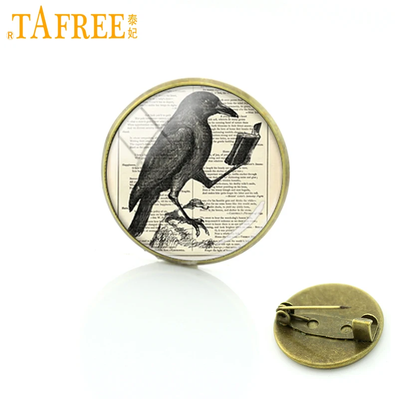 

TAFREE Vintage glass cabochon raven crow brooch pins antique owl birds badge jewelry butterfly brooches gifts for men C655