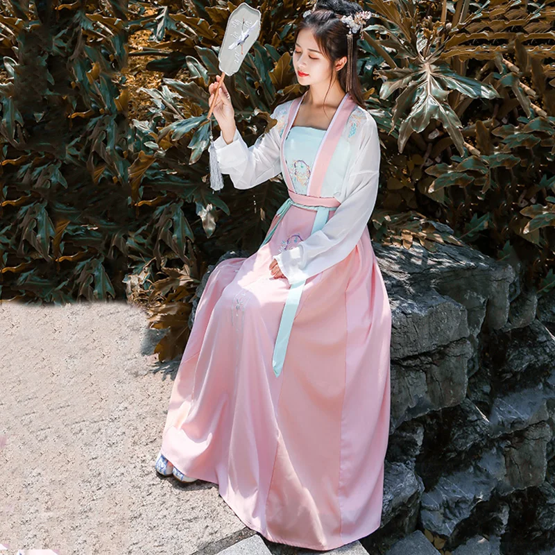 Женский танцевальный костюм Hanfu розового цвета с вышивкой для выступлений наряд