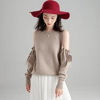 spring new loose slim fashion sweater womens off the shoulder bow temperament knit bottoming sweater female round neck trend