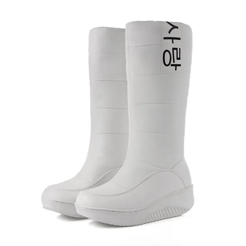 MEMUNIA/женские зимние ботинки, Размеры 35-44 женские зимние ботинки на танкетке, без шнуровки ботинки до середины икры с мехом внутри Женская милая хлопковая обувь