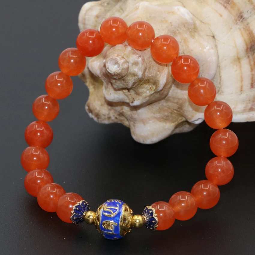 Оригинальный Fine Jewelry комплект 8 мм Orange круглые бусины нефрит камнем халцедон
