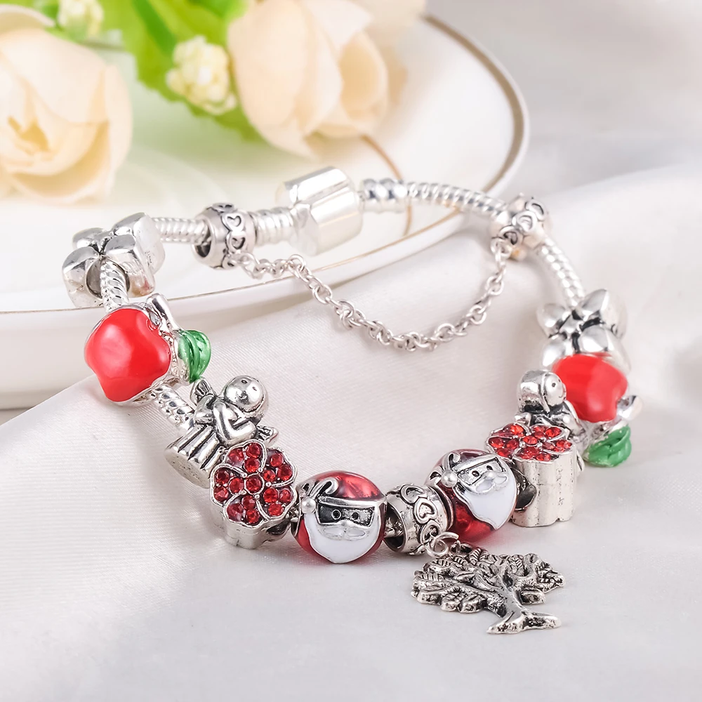 Beagloer Antique Silver Charm Bracelet &amp Bangle with Red Enamel/Crystal Ball Women Party 2017 Christmas Gift Jewelry PCBR0248 |