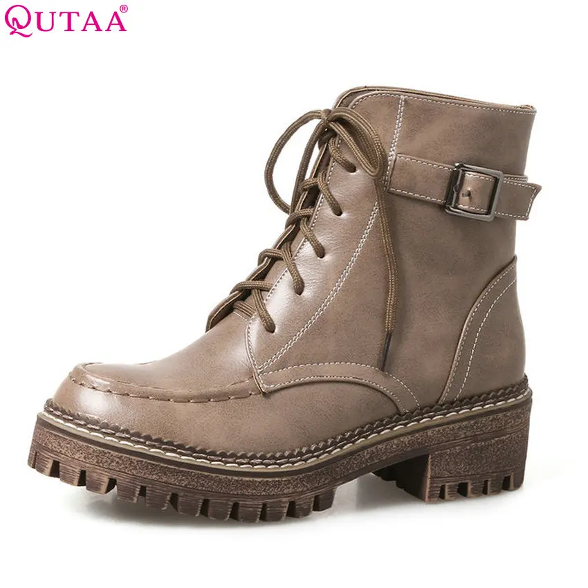 QUTAA/ г. Новые Модные женские ботильоны дизайнерские Демисезонные женские мотоботы на квадратном каблуке, на шнуровке, с пряжкой Размеры 33-43