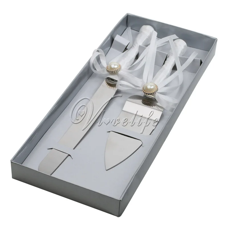 Белые атласные ленты свадебный торт нож и сервер набор из нержавеющей стали