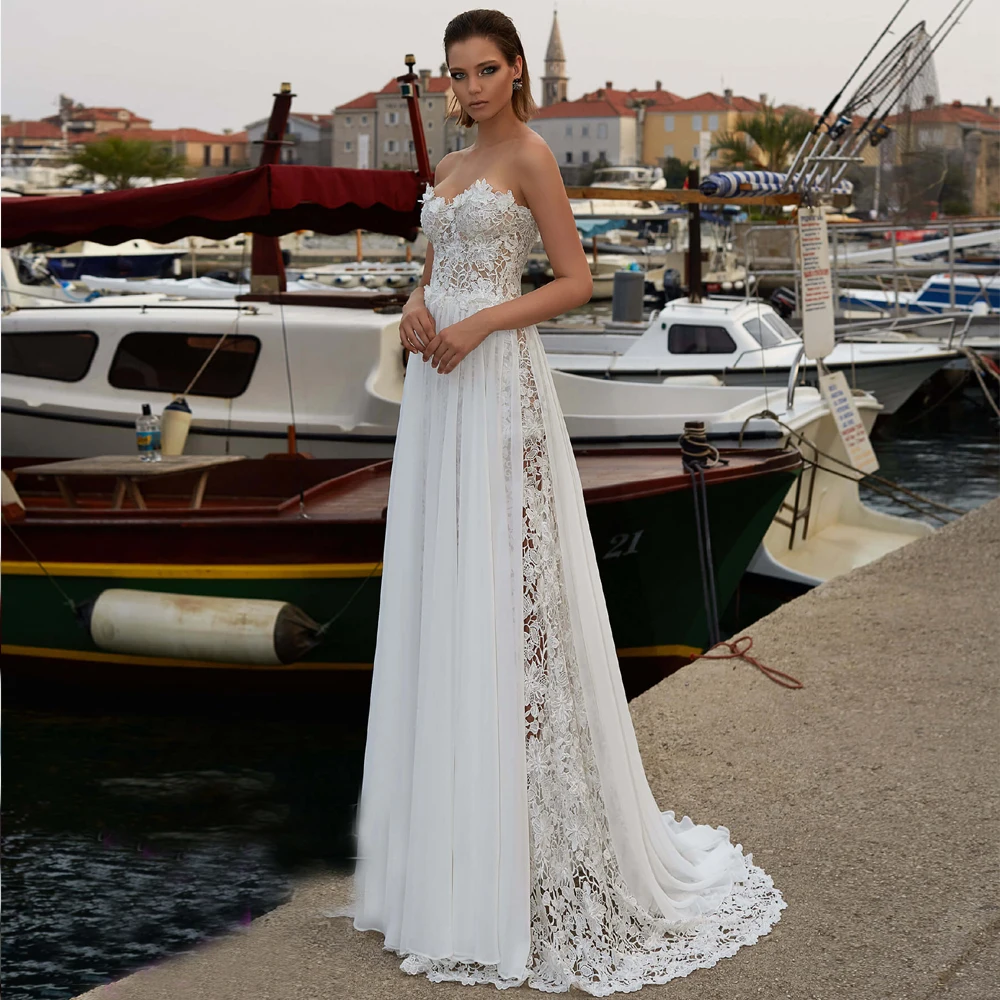 

2019 Beach Wedding Dress Strapless Lace Flowers Informal Bride Dresses Vestido De Novia Lace 2019 Boho Wedding Gowns Zipper Back