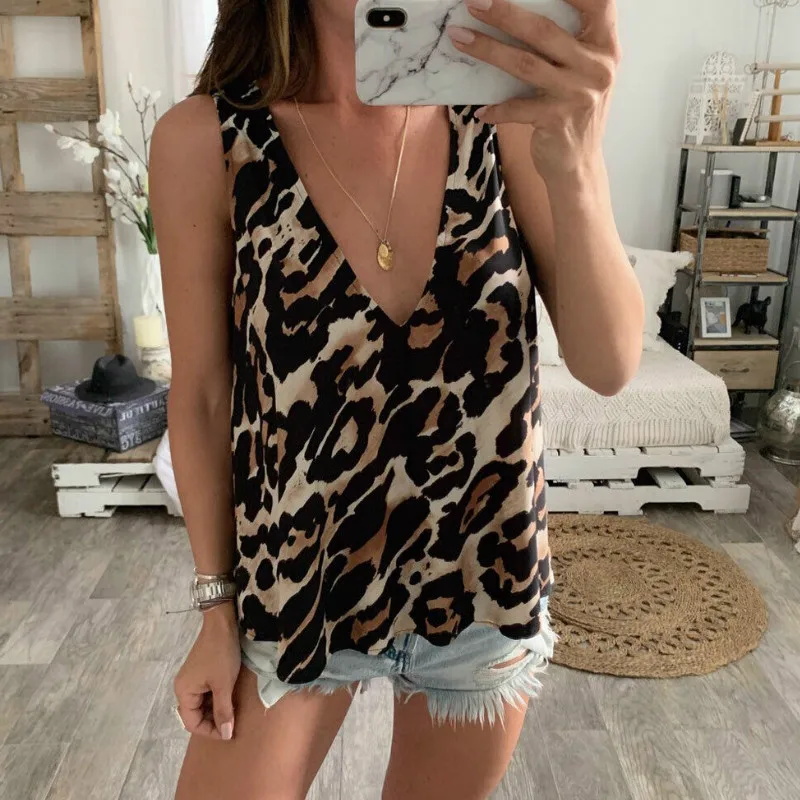 Женский леопардовый топ без рукавов повседневный Свободный Топ с V-образным