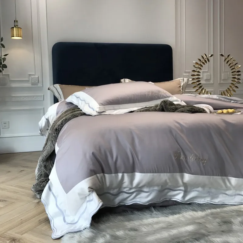 Серое, розовое, красное постельное белье, набор постельного белья queen King size, набор постельного белья из хлопка с вышивкой, набор постельного белья с пододеяльником