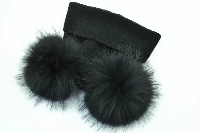 Black match fur Двойная шапка из натурального меха с помпоном, женские зимние шапки, вязаные шерстяные шапки Skullies Beanies для девочек, женская натуральная меховая шапка с вязаным помпоном - Цвет: Black match fur