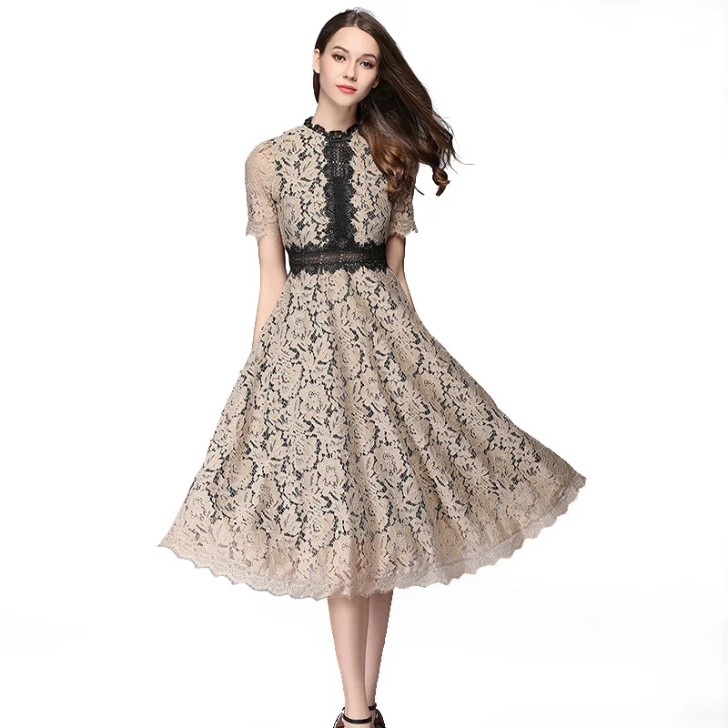 

2017 высококачественные кружева Сексуальная Выдалбливают Длинное платье летняя женская мода трапециевидной формы элегантные офисные плать...