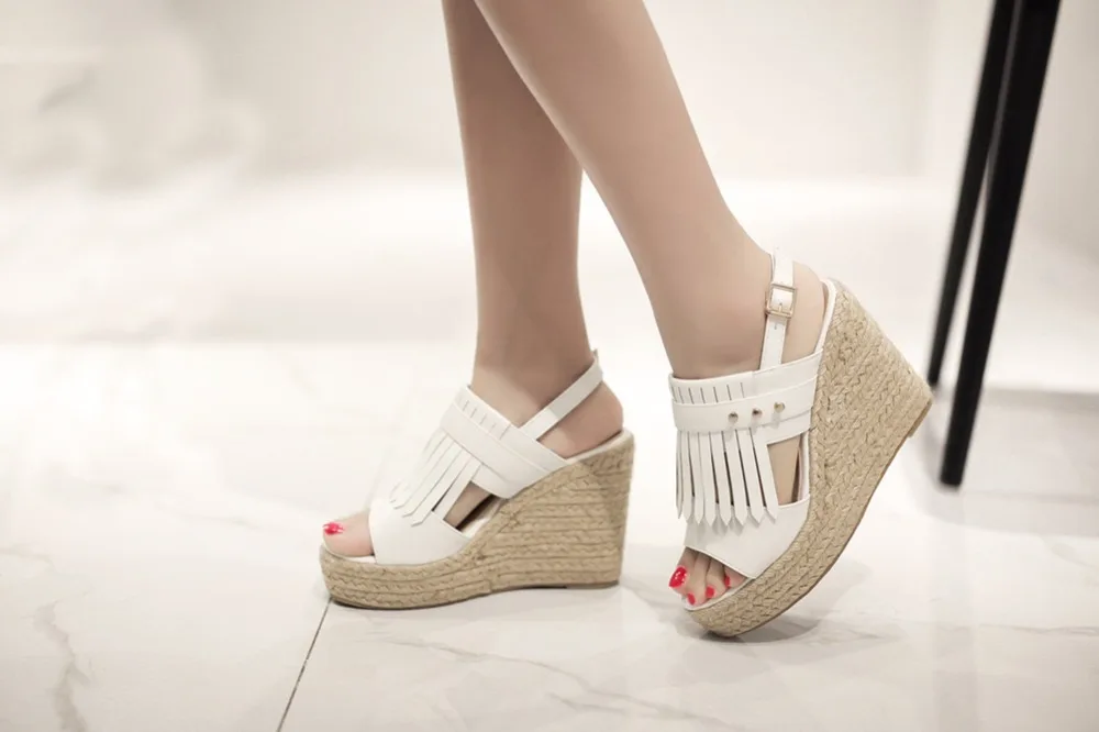Босоножки женские однотонные на танкетке Размер 35|wedge sandals|womens wedge sandalsfish mouth |