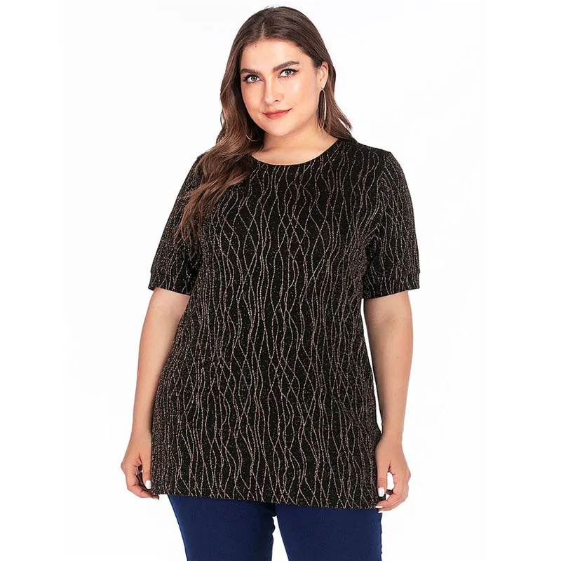 Black 5XL размера плюс, женская блузка, рубашка, летняя, с круглым вырезом, с коротким рукавом, с блестками, элегантная, стрейчевая, свободная, более размера d, Женская туника, топы - Color: Black