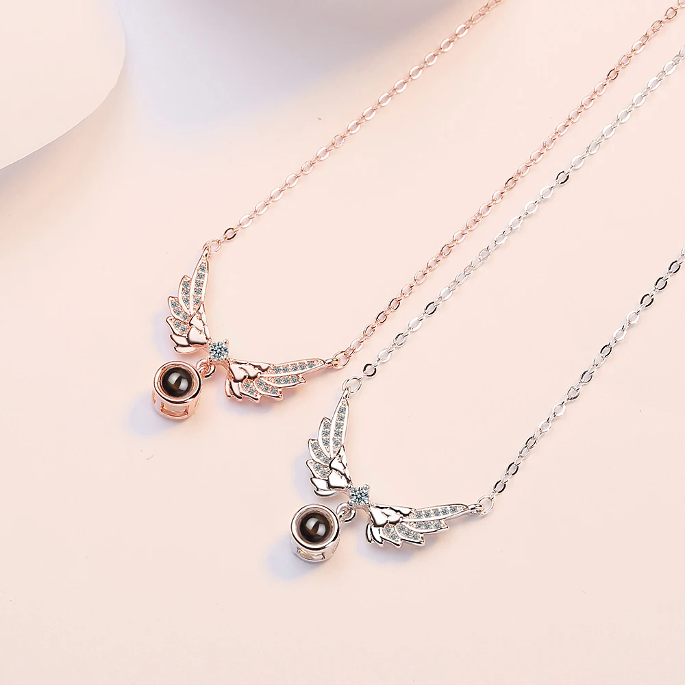 925 Sterling Silver Micro Zircon Angel Wings Projection I love You Meaningful Necklaces For Women Gift S-N415 | Украшения и