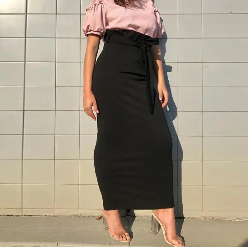 Black skirt Юбки с оборками размера плюс, Faldas Mujer Moda, лето, абайя, Дубай, мусульманская длинная Макси юбка с высокой талией, женская юбка, Jupe Longue Femme - Цвет: Black skirt
