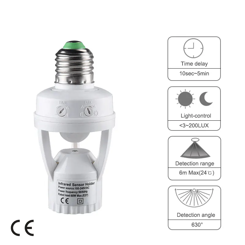AC 110-220V 360 Degrees PIR Induction Motion Sensor IR infrared Human E27 Plug Socket Switch Base LED Bulb Lamp Holder | Лампы и