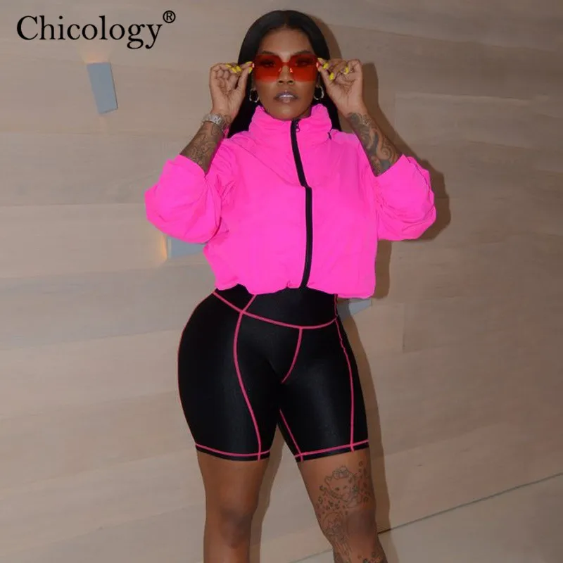Chicology patchwork neon stripe women biker short 2019 summer female high waist sporting clothing sexy lady streetwear trousers | Женская