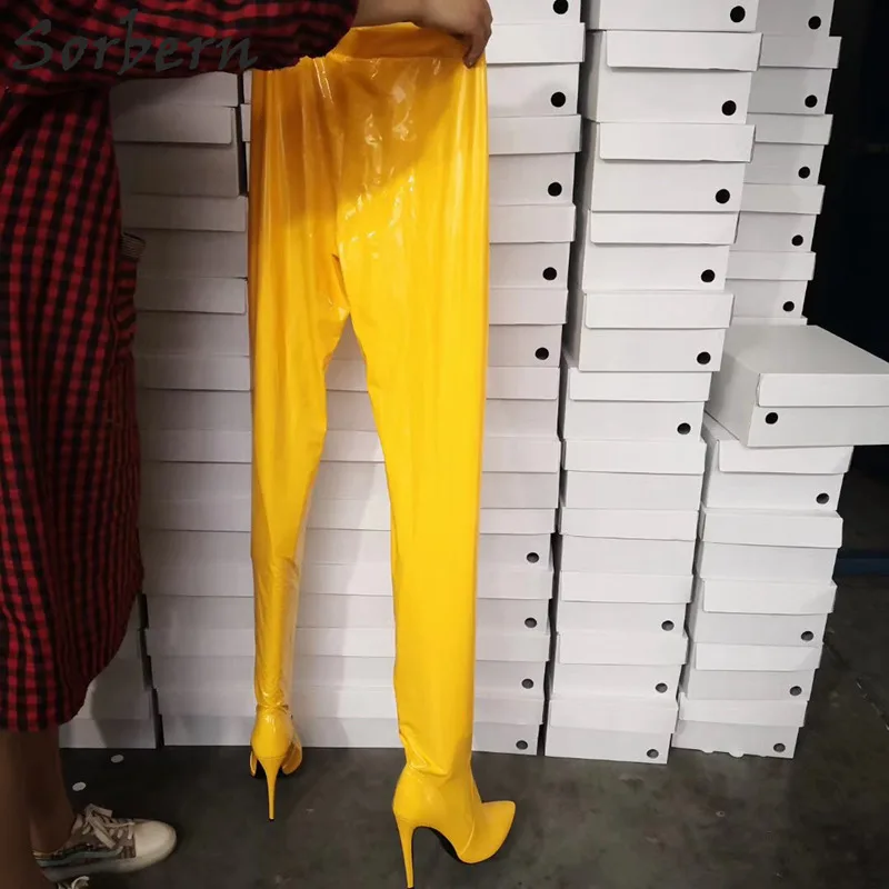 Yellow Thin Heel Sorbern/пикантные сапоги на квадратном каблуке; длинные сапоги с острым носком без шнуровки; растягивающиеся сапоги; 8 цветов; сапоги до бедра; сапоги размера плюс на массивном каблуке - Цвет: Yellow Thin Heel