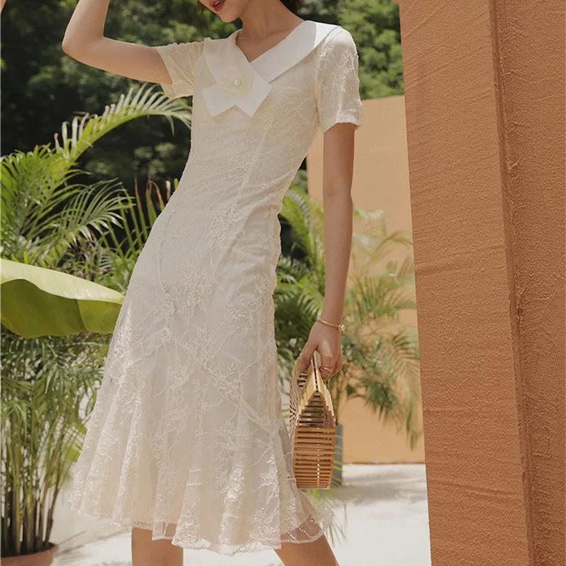 SWEETXUE Vintage Fishtail Dress New Summer Slim Short-Sleeved Three-Dimensional Flower Decoration Fairy Lace Midi Party Dresses | Женская