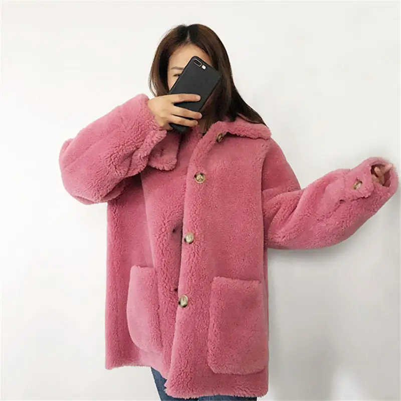 Rose red Осенне-зимняя куртка из искусственного меха ягненка, женская теплая утепленная куртка с длинным рукавом, женская Свободная куртка из овечьей шерсти, верхняя одежда, пальто с мехом для женщин, Q1724 - Цвет: Rose red