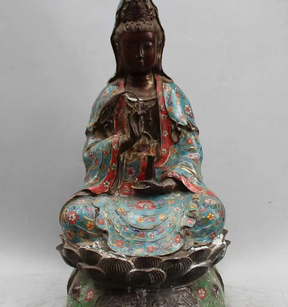 19&quot Chinese Tibet Buddhism Cloisonne Bronze Kwan-yin Guan Yin Goddess Vase | Дом и сад