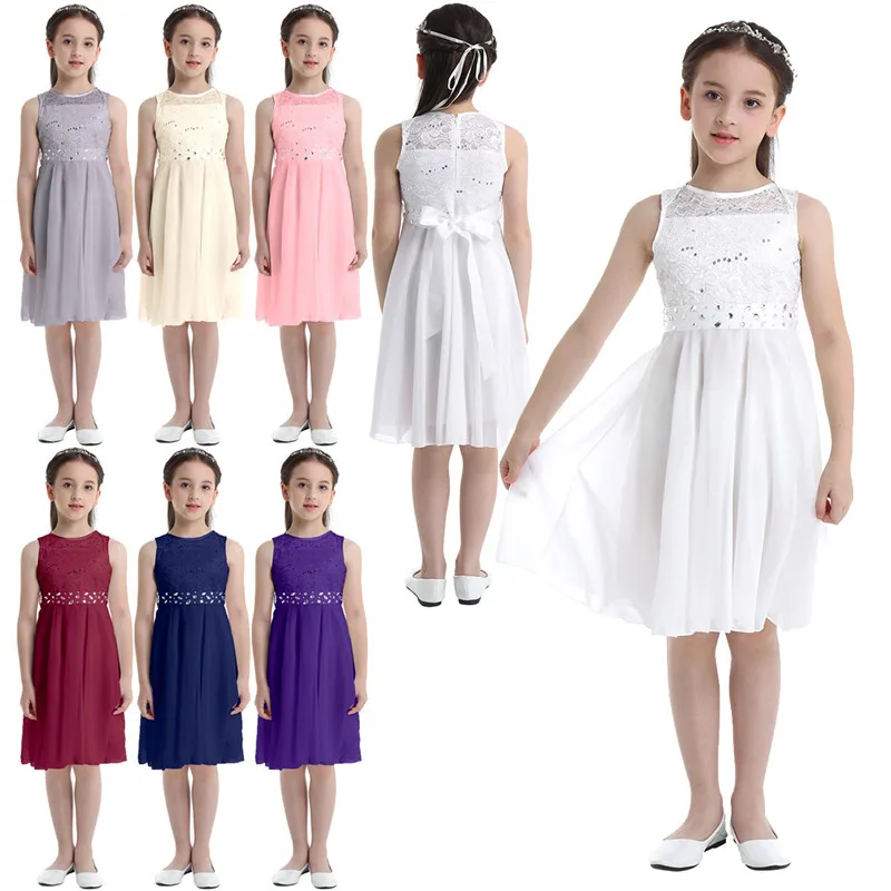 

Girls Sequined Lace Chiffon Princess Dress Tea Length Flower Girl Dresses for Pageant Wedding Birthday Party Dress Vestidos