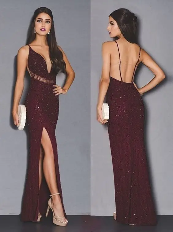 

Sexy Slit Sparkly Mermaid Prom Dress Long Burgundy Open Back Sequin Formal Party Evening Gowns Deep V-Neck Vestidos De Gala
