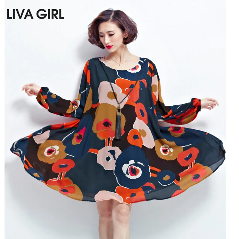 LIVA GIRL Марка 2017 Большой Размер 5Xl 6Xl Платья Для Женщин хит Цветной Печати С Длинным