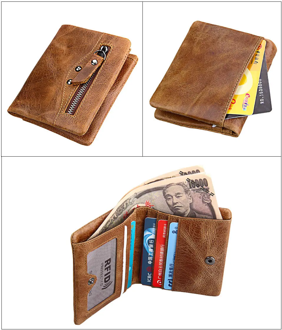RFID мужские кошельки из натуральной коровьей кожи Crazy Horse, короткий кошелек для монет, винтажные кошельки, брендовые высококачественные мужские кошельки из коровьей кожи