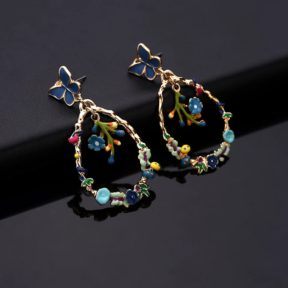 Flower Dangle Earring Drop Statement Earrings Woman Butterfiles Women's Hanging Enamel Butterfly Geometric Jewelry for Girls