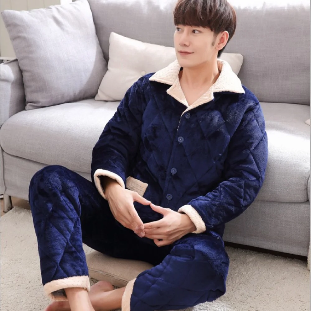 Flannel Pajamas Sets 2019 New Winter Men Long-sleeves Pockets Solid Color Thick Home Clothing Warm Pyjamas Suits 2020