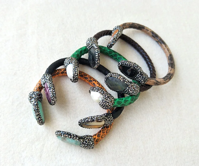 5pcs Natural Leather Druzy Pearl Stone Snake Bangle with Crystal Rhinestone Paved Jewelry Bracelet BG18 | Украшения и аксессуары