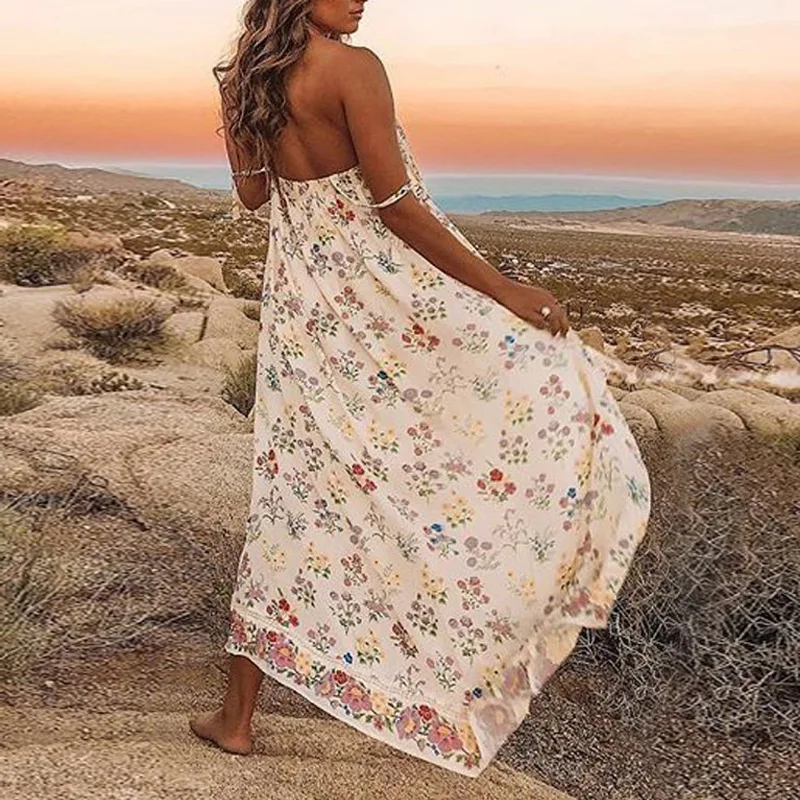 Женское платье макси повседневное белое пляжное с винтажным принтом вырезом