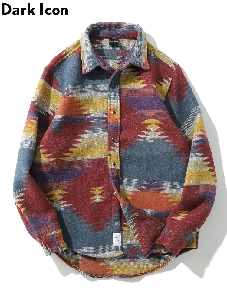 

Dark Icon Turn-down Collar Geometric Woolen Shirt Men 2019 Spring Long Sleeved Shirts Men Thick Men's Shirts