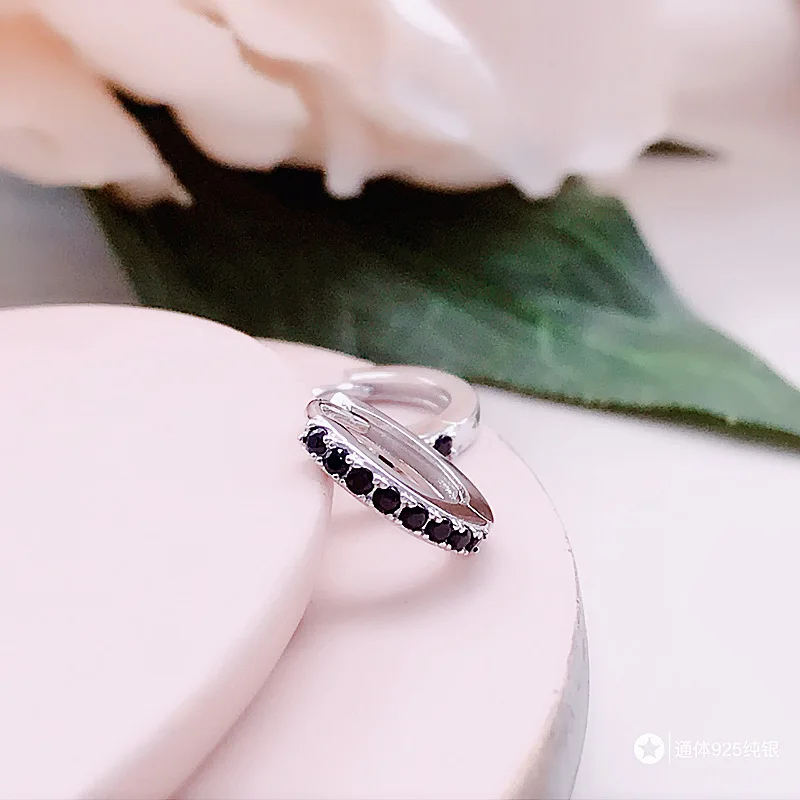 Серьги из стерлингового серебра 925 пробы, модные циркониевые белые и черные круглые маленькие кольца для ушей, Милые простые трендовые женские ювелирные изделия для ушей