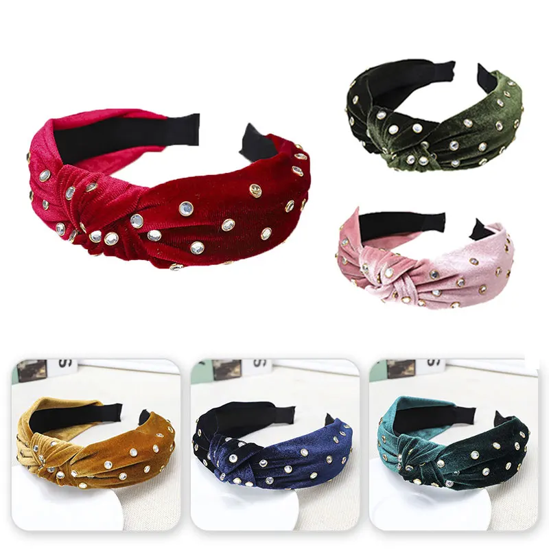 Женский широкий ободок для волос ручной работы со стразами и узлом девочек