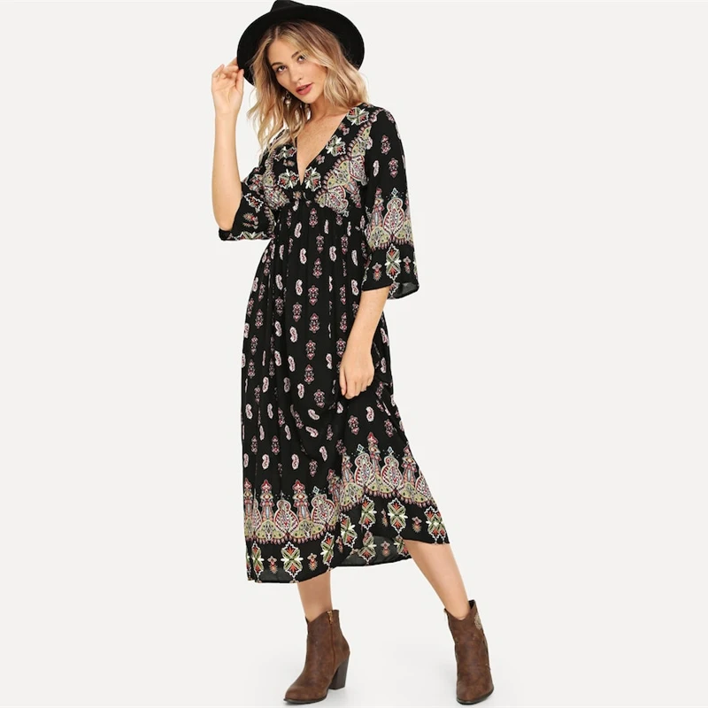 SHEIN Платье С Глубоким Вырезом В Стиле Бохо, Длинное Платье С V-Образным Вырезом