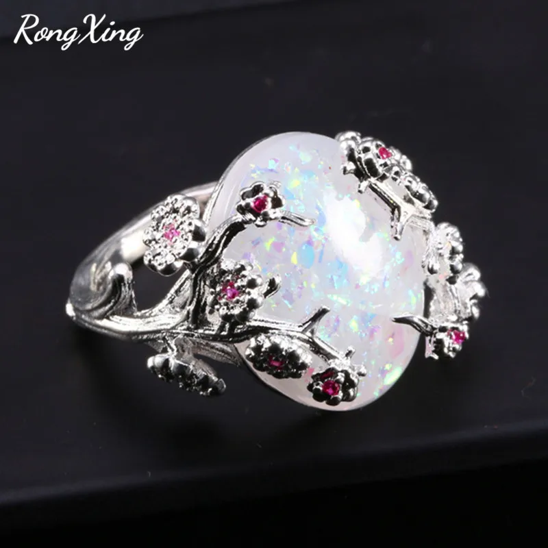 Женские кольца RongXing с большим камнем в виде цветка сливы белым огненным опалом