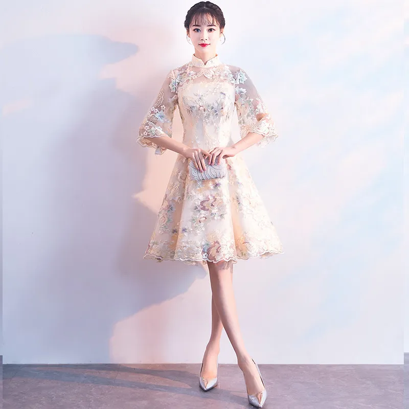 Элегантное свадебное платье для подружки невесты, Qipao, новинка, женское вечернее платье в китайском стиле, Vestidos, с цветочной вышивкой, сексуальное короткое тонкое платье Cheongsam