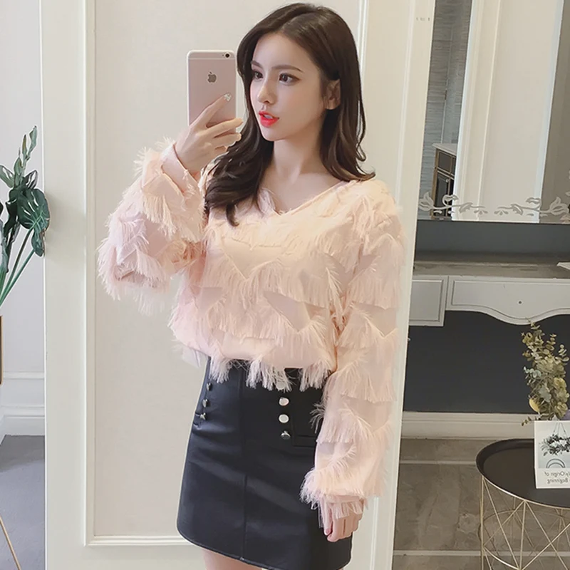 Blusas Mujer De Moda Новинка осени 2018 шифоновые Женские топы с кисточками и перьями