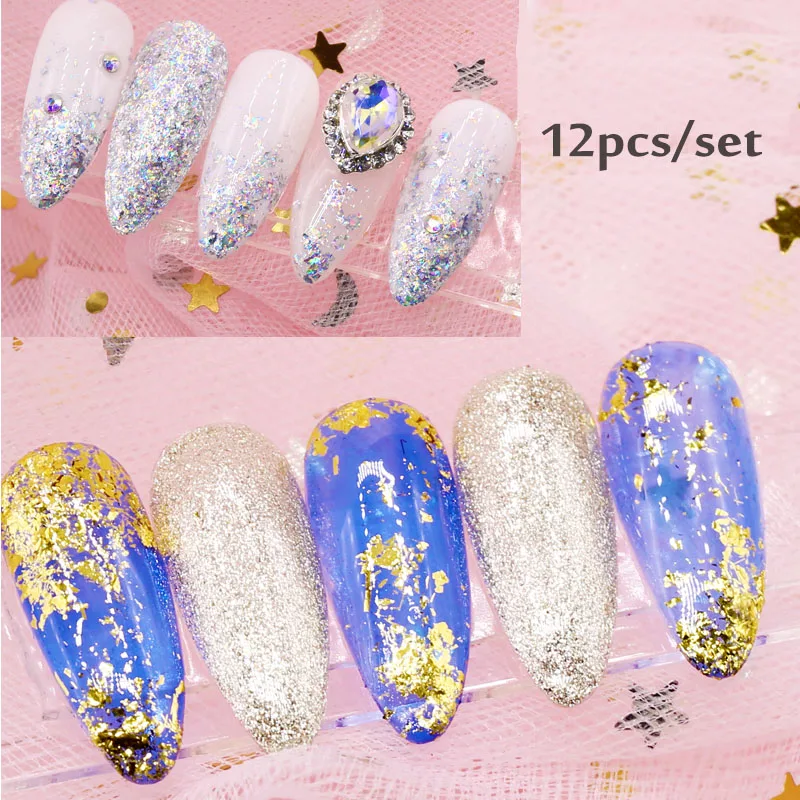 

12jar/lot Gold Silver Flakes Nail Tin Foil Foils Paper 2Color Shiny Nail Sparkles Nail Art Flakies 3D Holo Foil For Nails GIFT