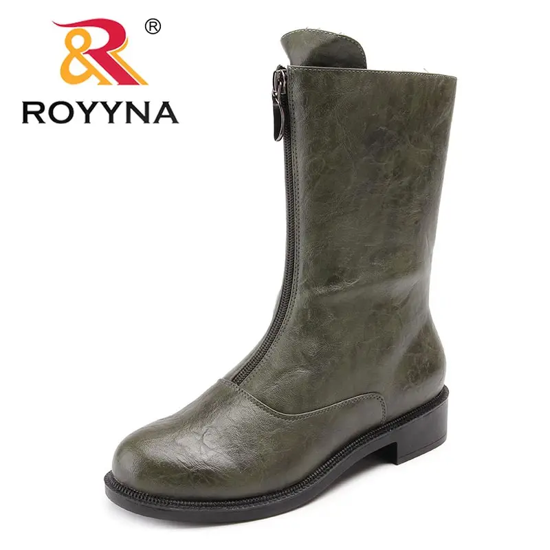 ROYYNA/Новое поступление; Женские ботинки в классическом стиле; женская зимняя обувь с круглым носком; женские ботинки до середины икры на молнии; удобные; - Цвет: ARMY  GREEN