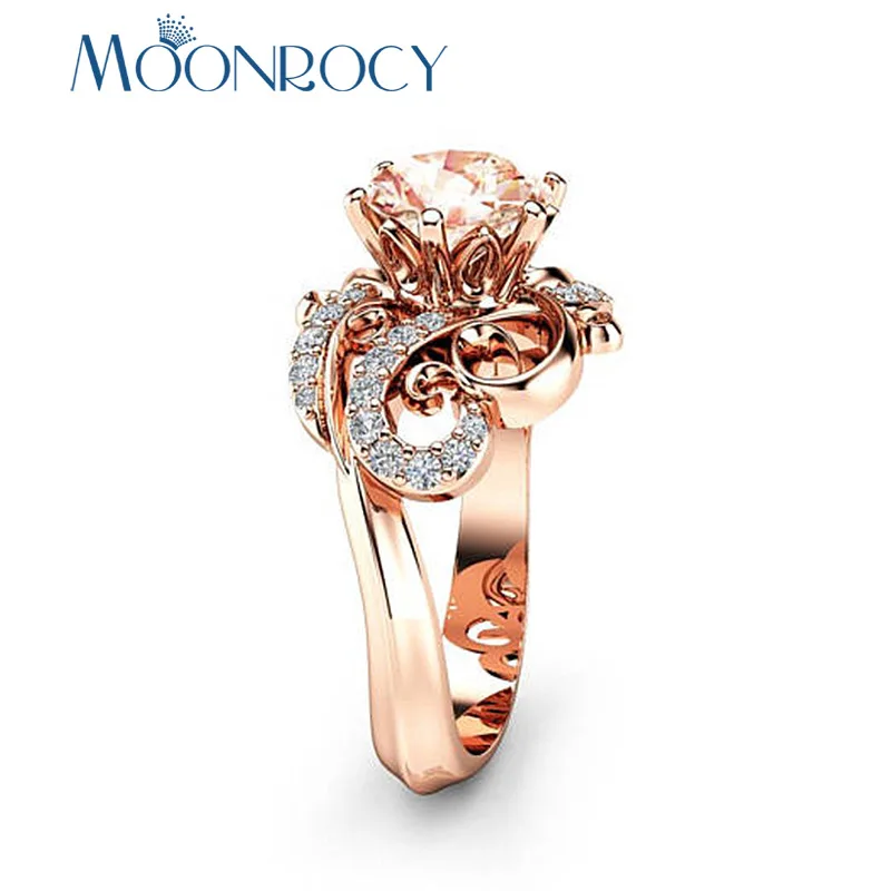 MOONROCY Cubic Zirconia Rose Gold Color Vintage Crystal CZ Champagne Wedding Rings Jewelry Flower for Women Girls Gift Drop | Украшения и