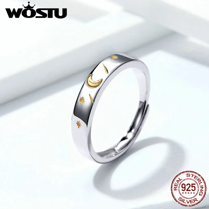 WOSTU, Золотая Луна и звезда, кольцо, 925 пробы, серебряное, звездное небо, регулируемый размер, кольца для женщин, элегантность, минималистичное ювелирное изделие, FIR509