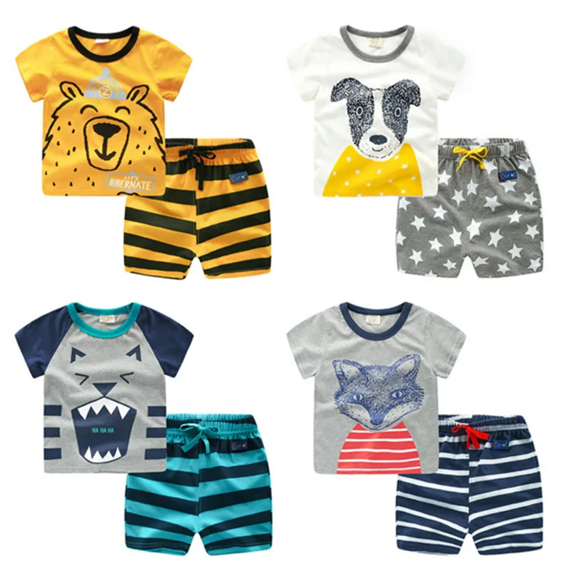 80-130cm Cotton Kids Boys Clothing Set Cute Cartoon Summer Baby Clothes T-Shirt + Shorts Suits For 1 2 3 4 5 Years Old Children | Детская