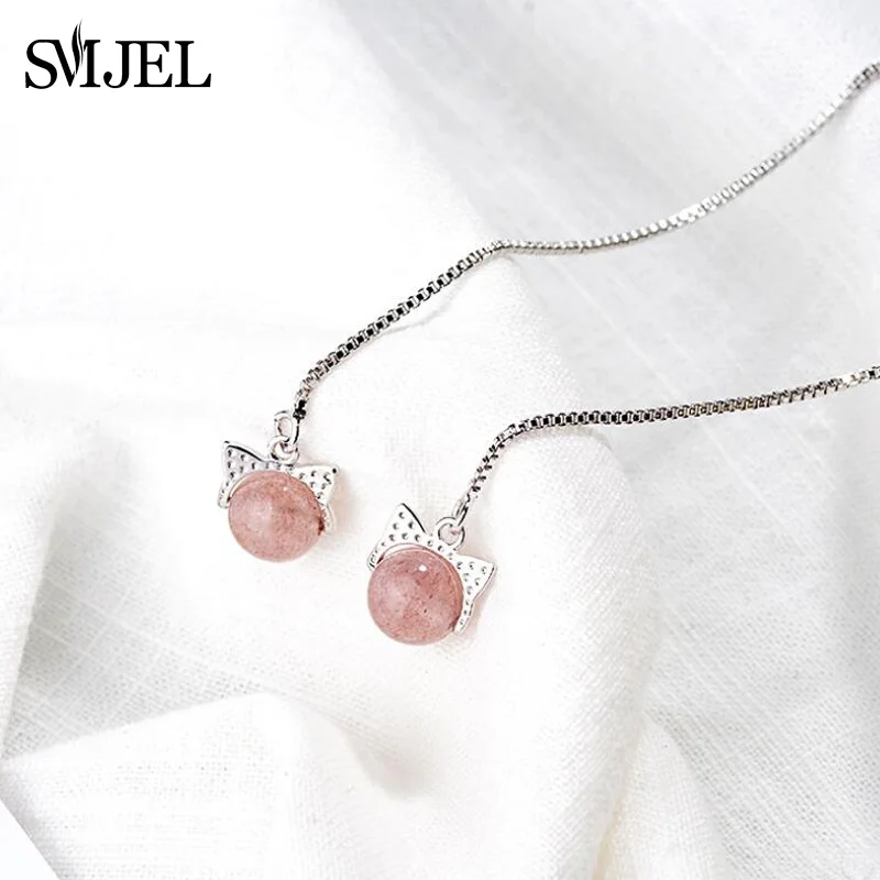 SMJEL милые сережки кошки шпилька тайский серебряный Клубника с натуральным