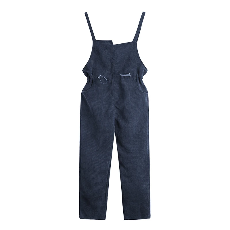 

PERHAPS U Blue Beige Corduroy Bib Overall Dungarees Salopette Full Length Pockets Women Autumn Drawstring J0042